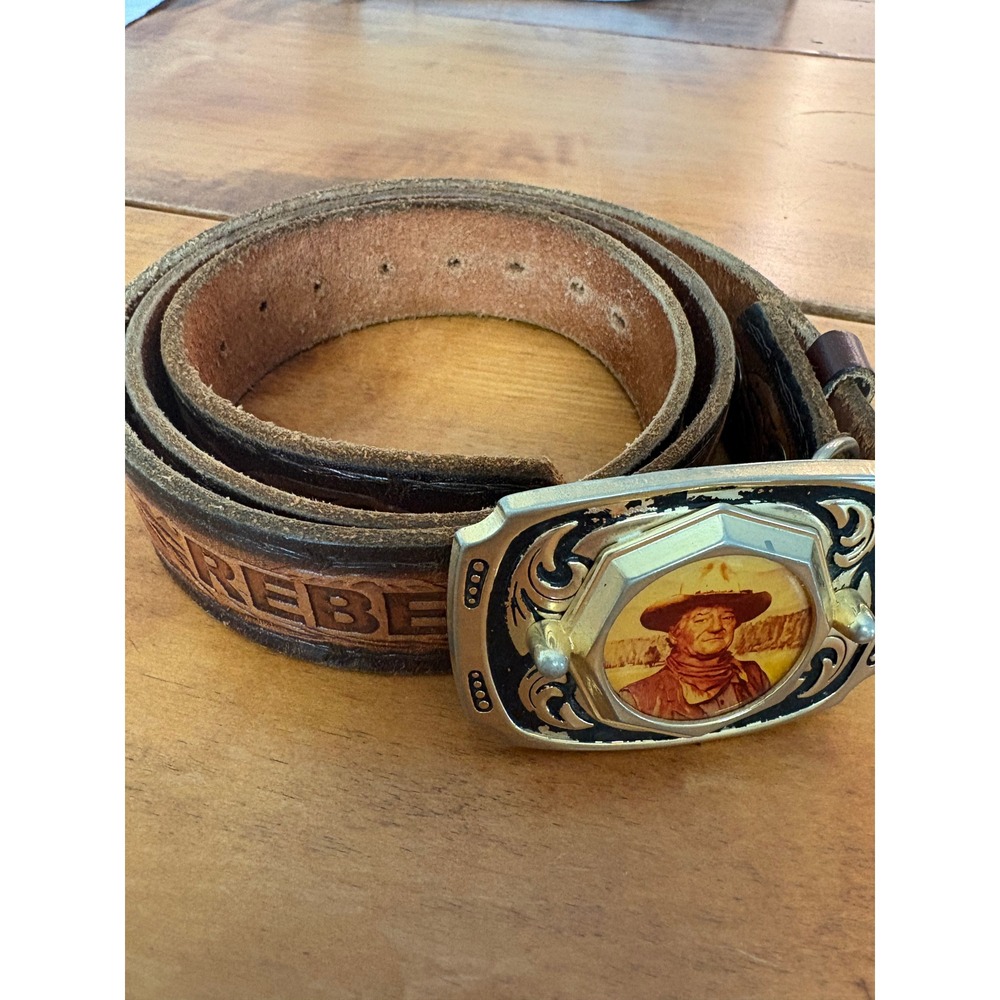 Unbranded Belt Mens 47 John Wayne Buckle Rebel Tooled Leather Brown Western